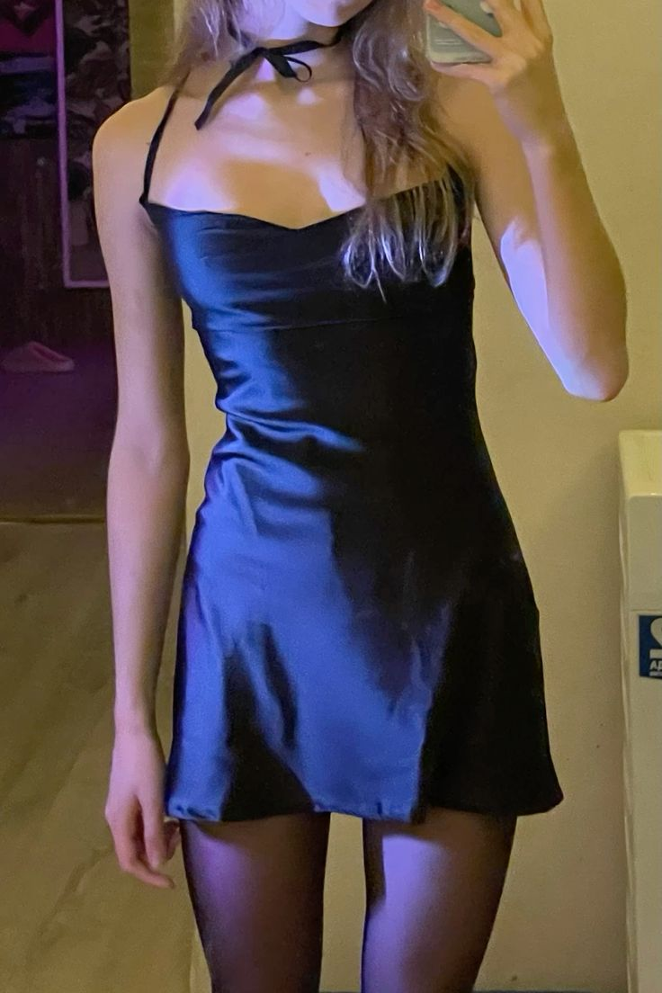 Sexy Navy Blue Halter Satin A Line Short Cocktail Dress 6th Grade Homecoming Dress - VelvetHem