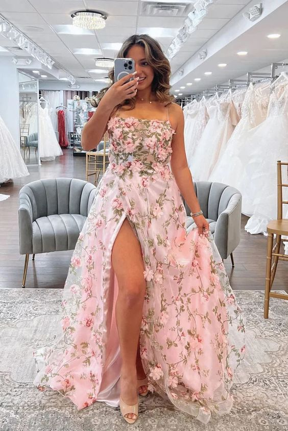 A Line Pink Floral Long Prom Dresses with High Slit Formal Graduation Evening Dresses Y5893 - VelvetHem