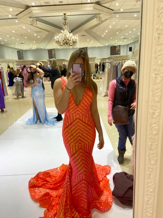 Deep Sequin Mermaid Orange V-neck Prom Dress - VelvetHem