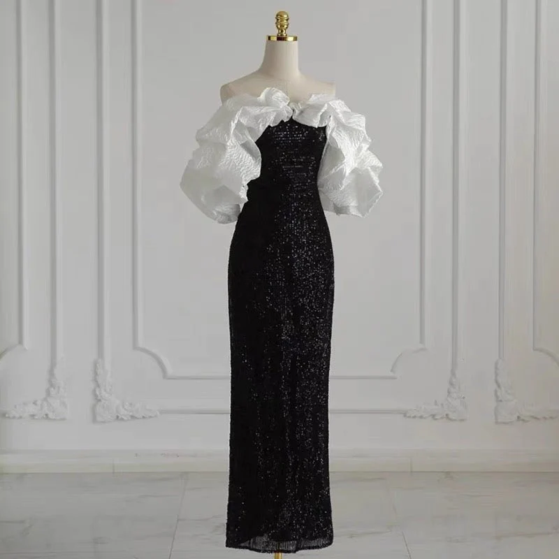 Gothic Black And White Evening Dress With Ruffles Formal Dress Y4383 - VelvetHem