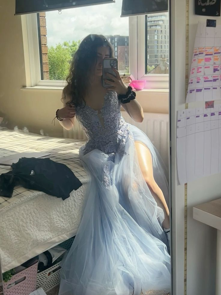 Pretty Spaghetti Straps Blue Tulle Appliques Slit Mermaid Evening Dress Long Party Gown