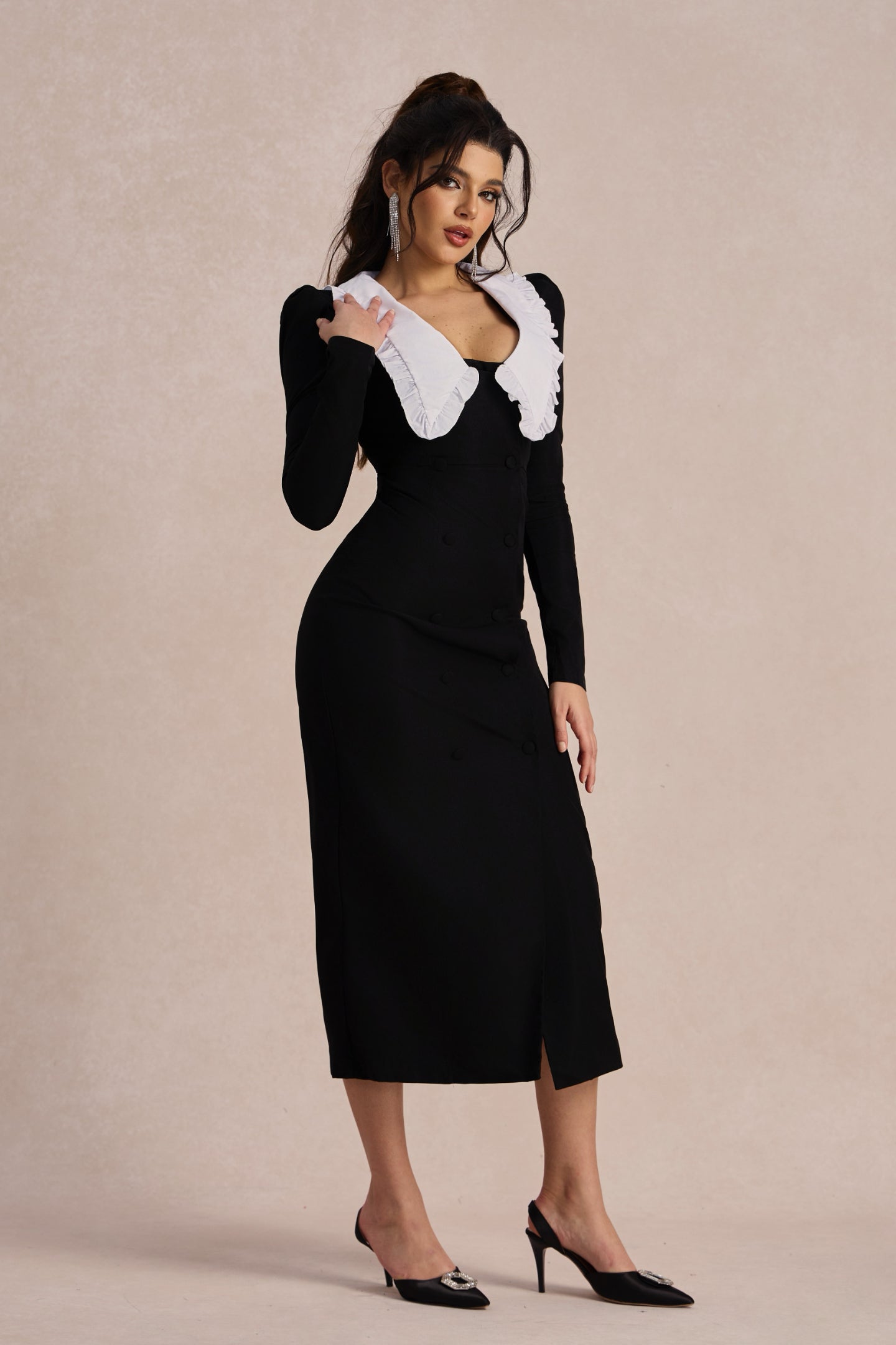 Kathy Peter Pan Collar V neck Midi Dress