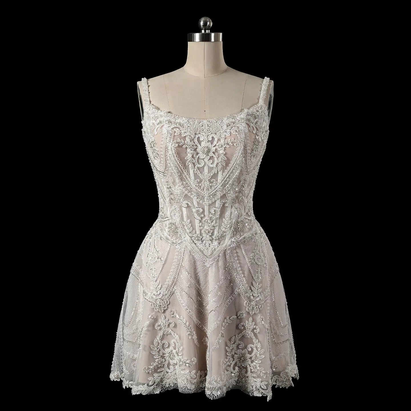 Luxury Ivory Beaded Lace Short Wedding Dress with Lace-Up Corset Back ZP059
