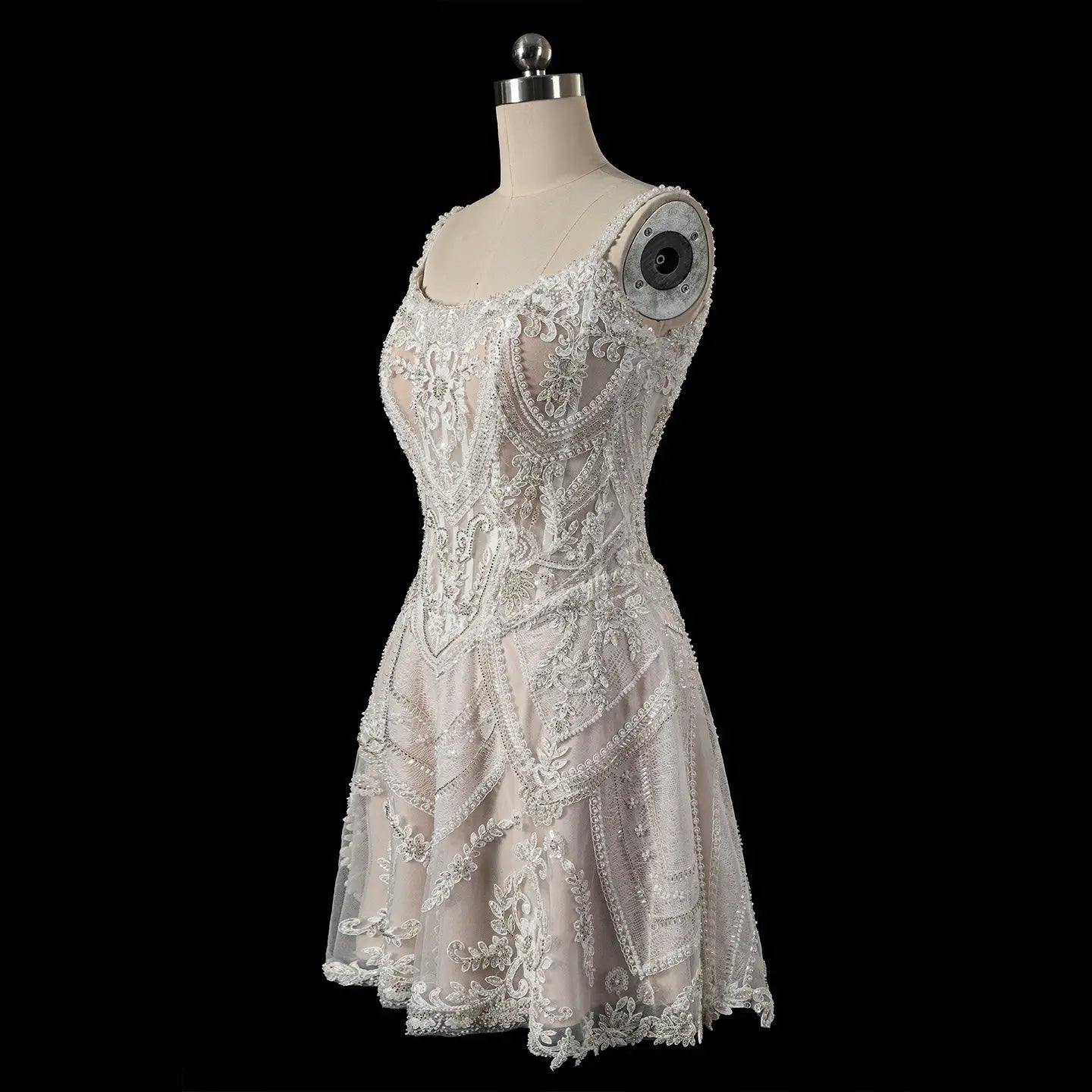 Luxury Ivory Beaded Lace Short Wedding Dress with Lace-Up Corset Back ZP059