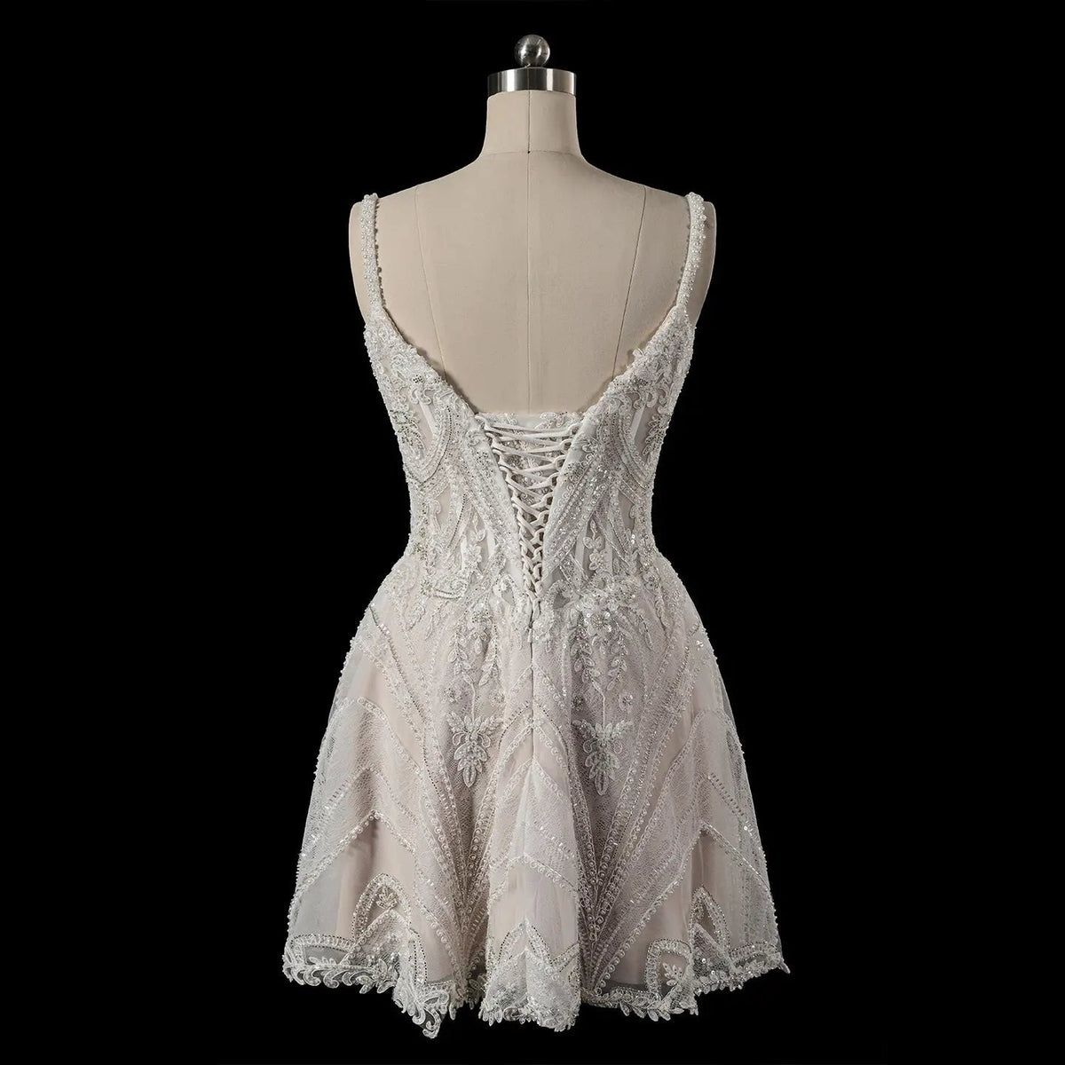 Luxury Ivory Beaded Lace Short Wedding Dress with Lace-Up Corset Back ZP059