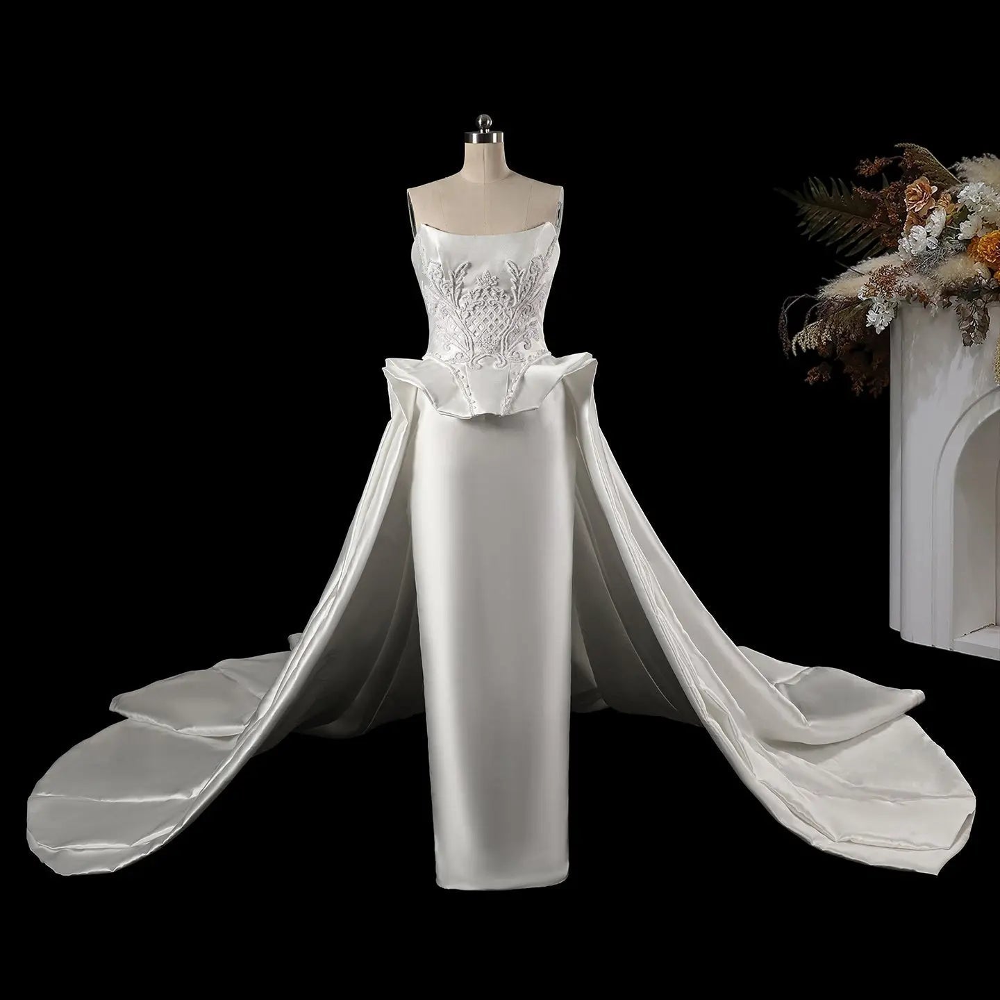 Luxury White Satin Strapless Beaded Ball Gown Train Wedding Dress ZP152