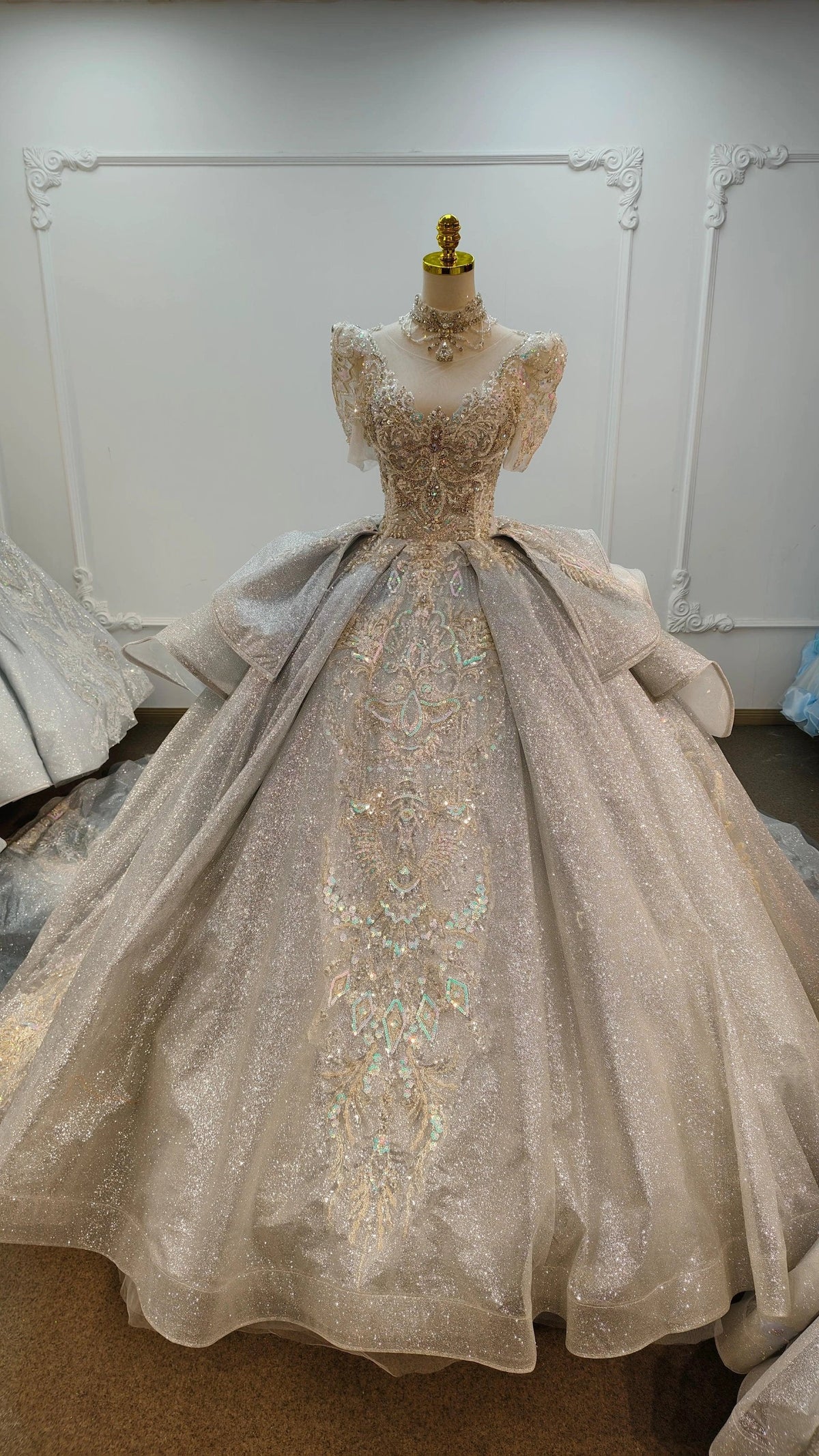 Silver Glitz Cap-Sleeve Ballgown Iridescent Beaded Bust & Sculptural Tiered Skirt (ZD16788) - VelvetHem