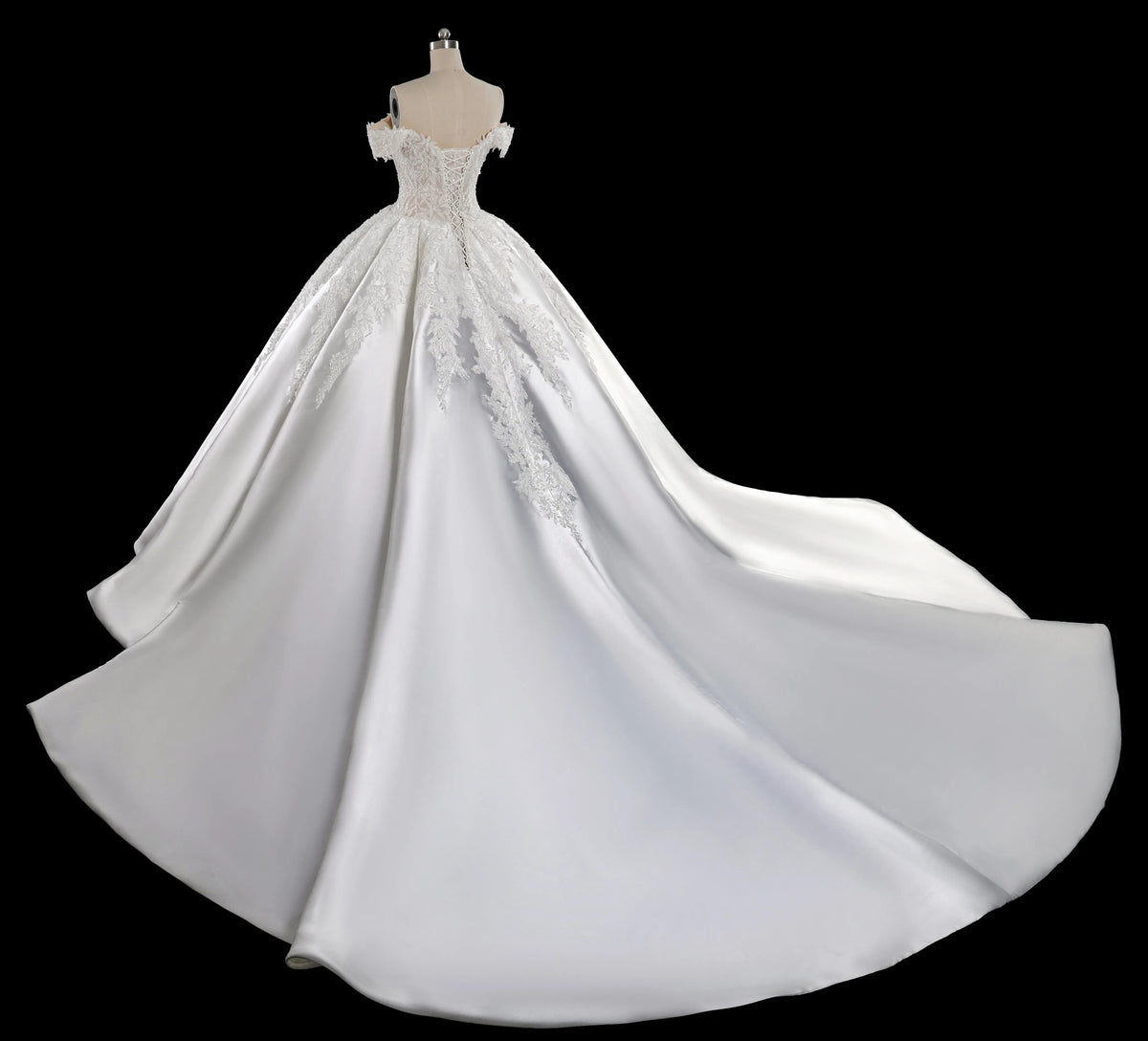 Luxury White Off-the-Shoulder Lace Satin Ball Gown Wedding Dress ZP069