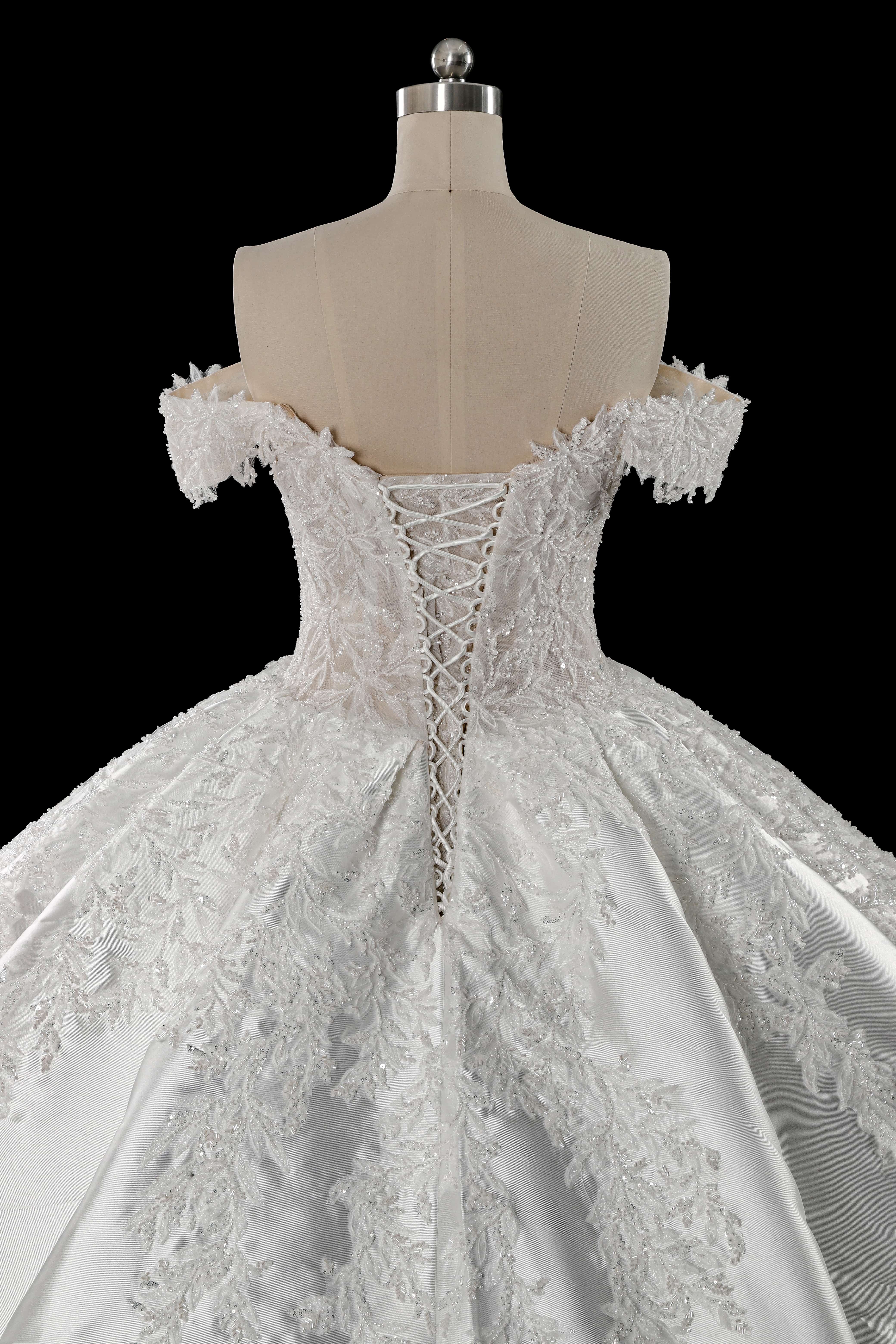 Luxury White Off-the-Shoulder Lace Satin Ball Gown Wedding Dress ZP069