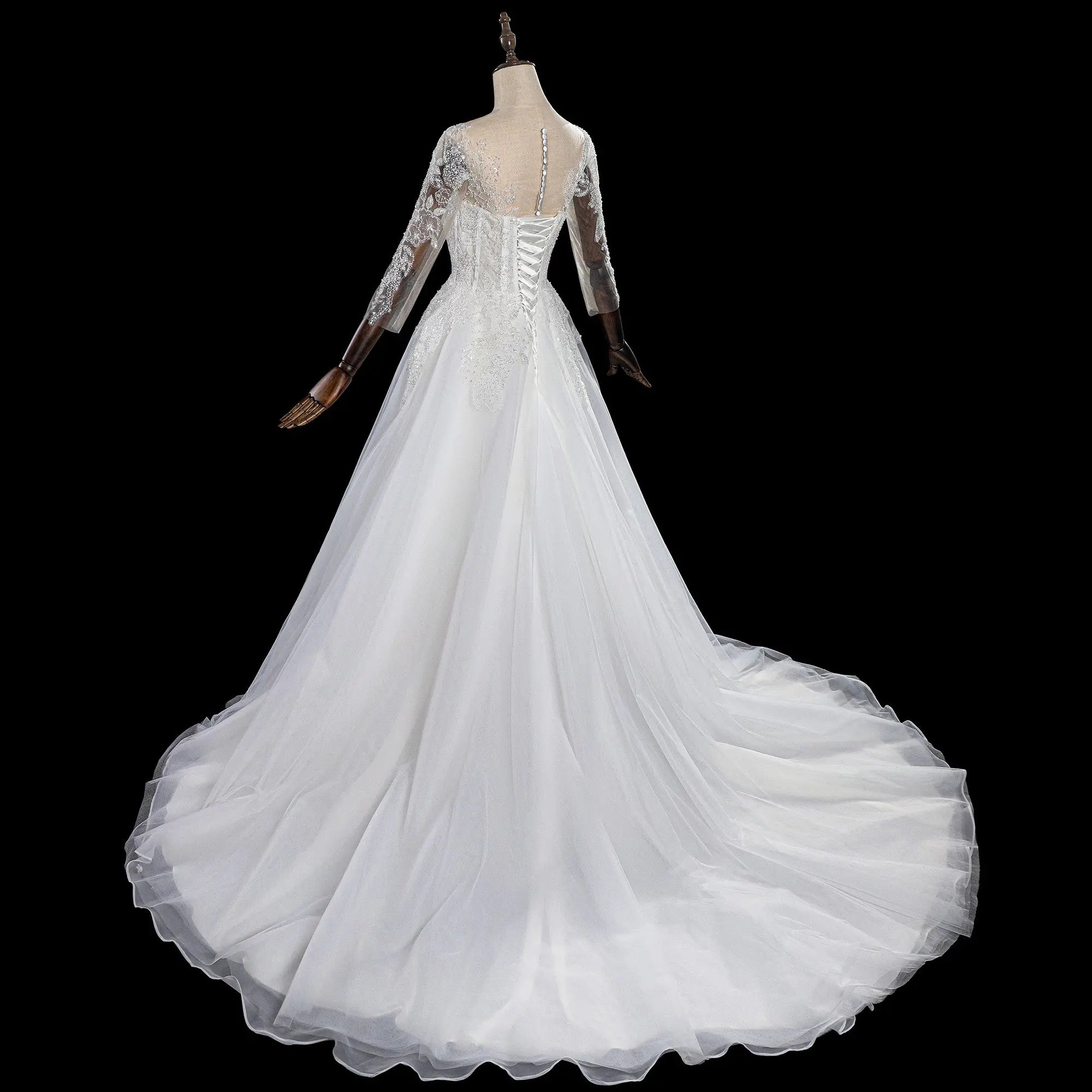 Glamorous White Illusion Neck Lace & Tulle Wedding Dress with Cathedral Train ZP063