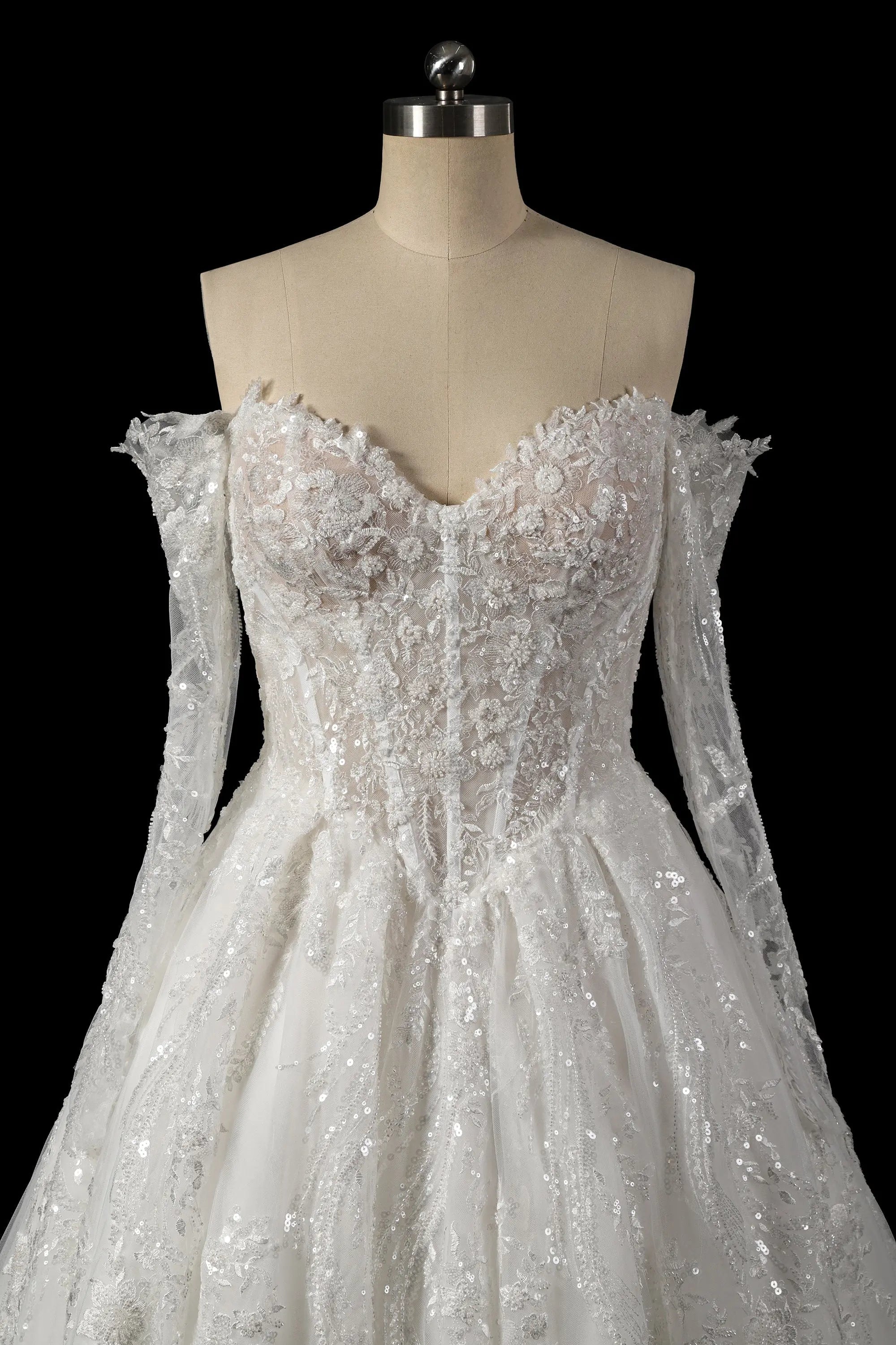 Luxury White Off-the-Shoulder Long Sleeve Lace Tulle Ball Gown Wedding Dress ZP068