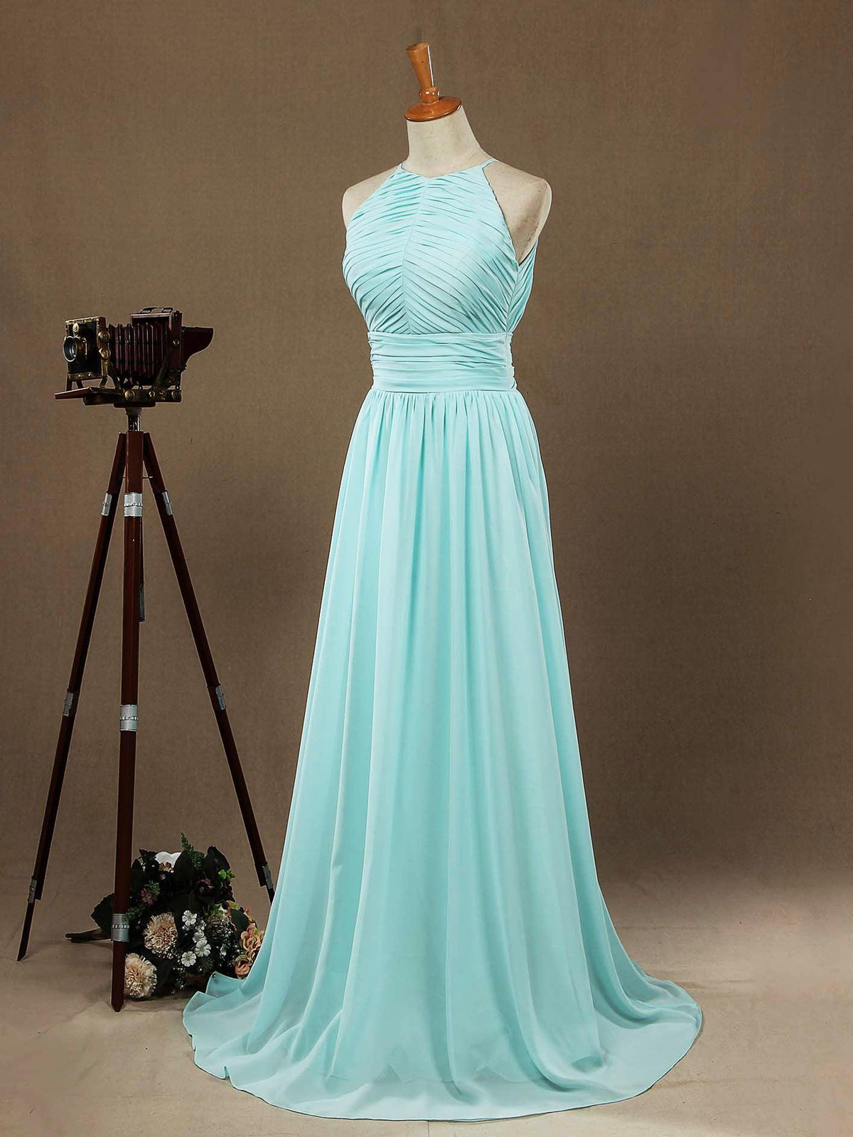 Chiffon Floor Length Prom Dresses A-Line Halter Open Back Pleats