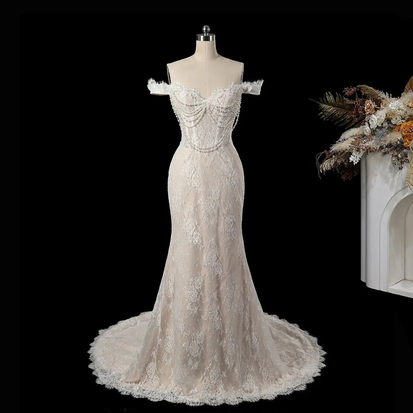 Opulent Ivory Off-the-Shoulder Beaded Lace Tulle Ball Gown Wedding Dress ZP127