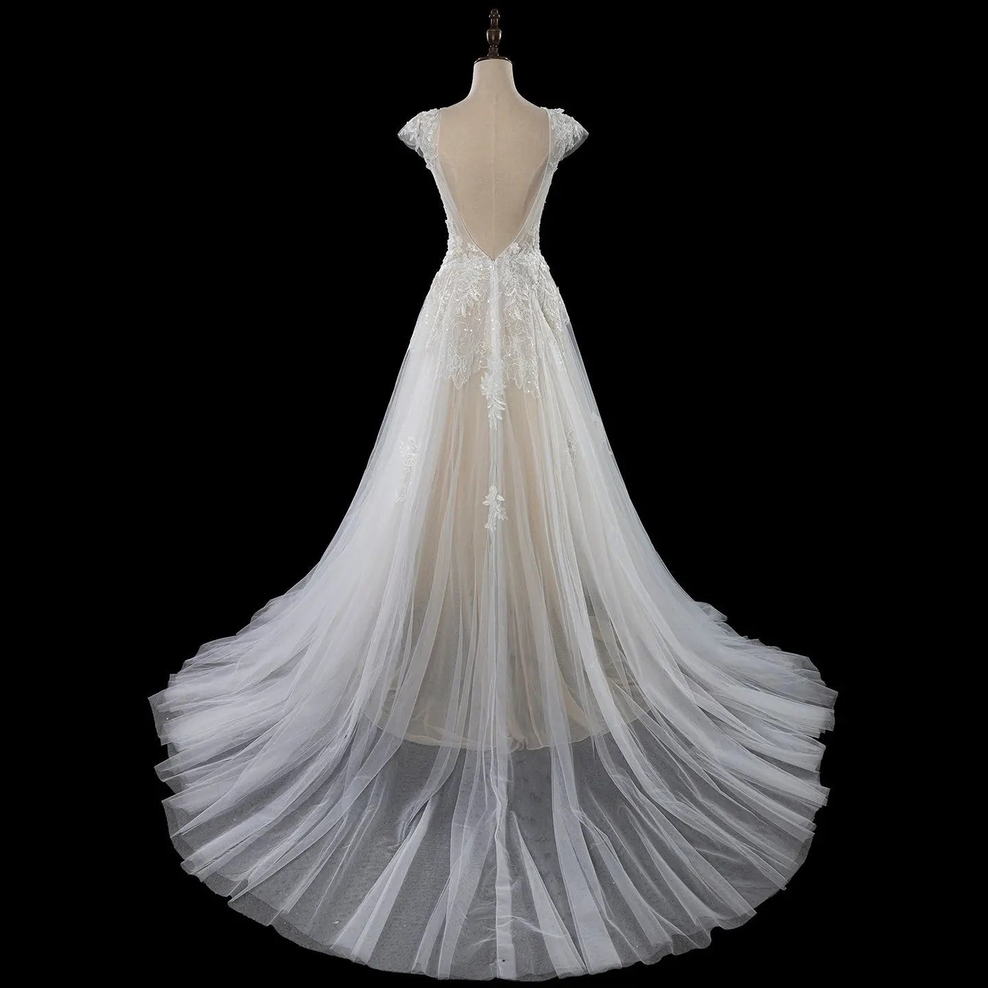 Elegant Ivory V-Neck Cap Sleeve A-Line Lace Tulle Wedding Dress ZP055