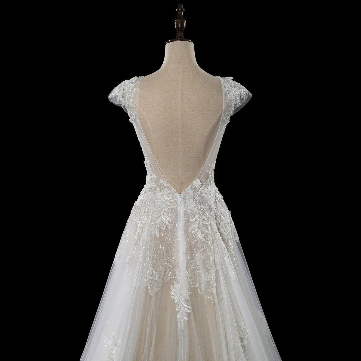 Elegant Ivory V-Neck Cap Sleeve A-Line Lace Tulle Wedding Dress ZP055