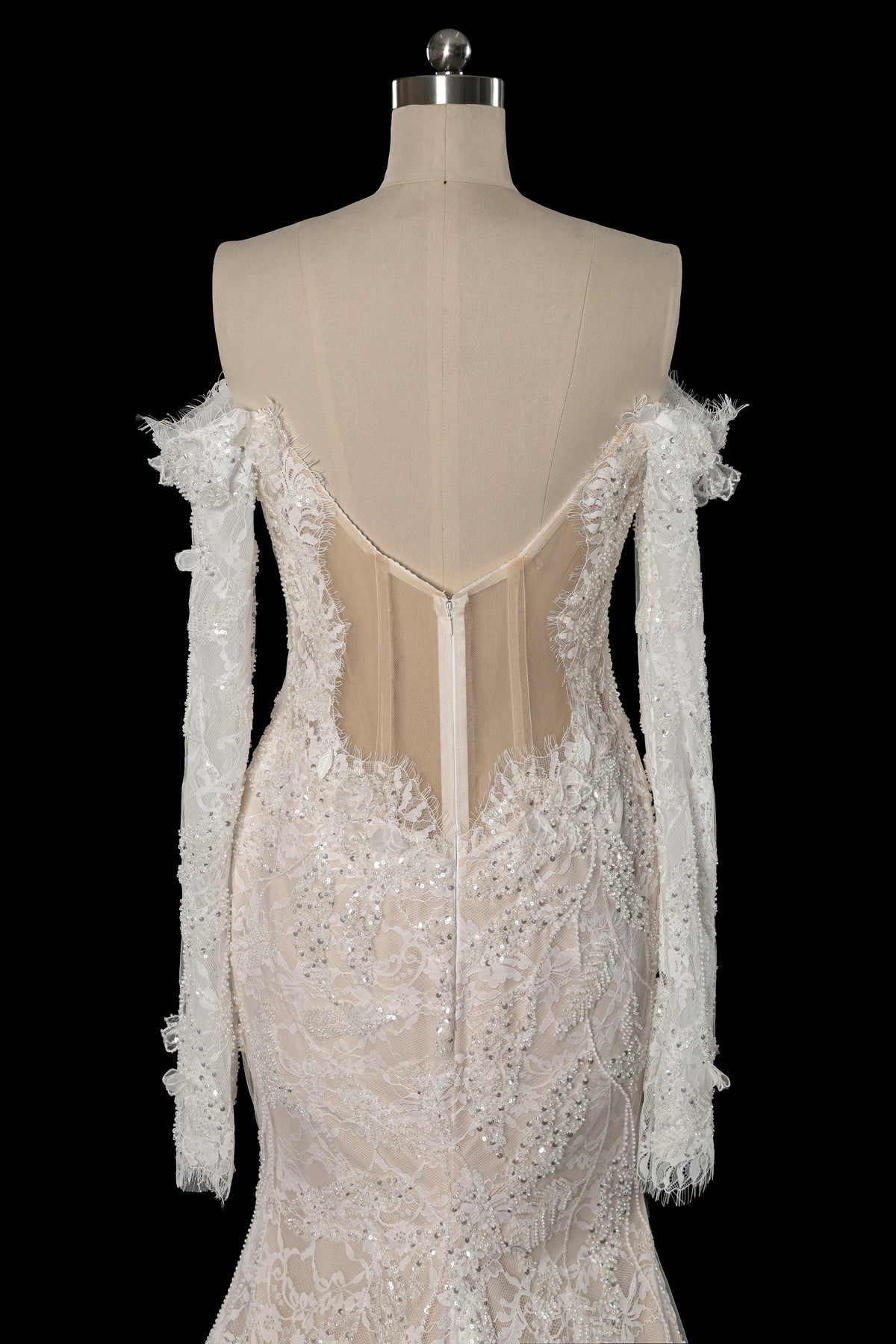 Bohemian Ivory Off-the-Shoulder Sheer Lace Mermaid Wedding Dress with Veil ZP128