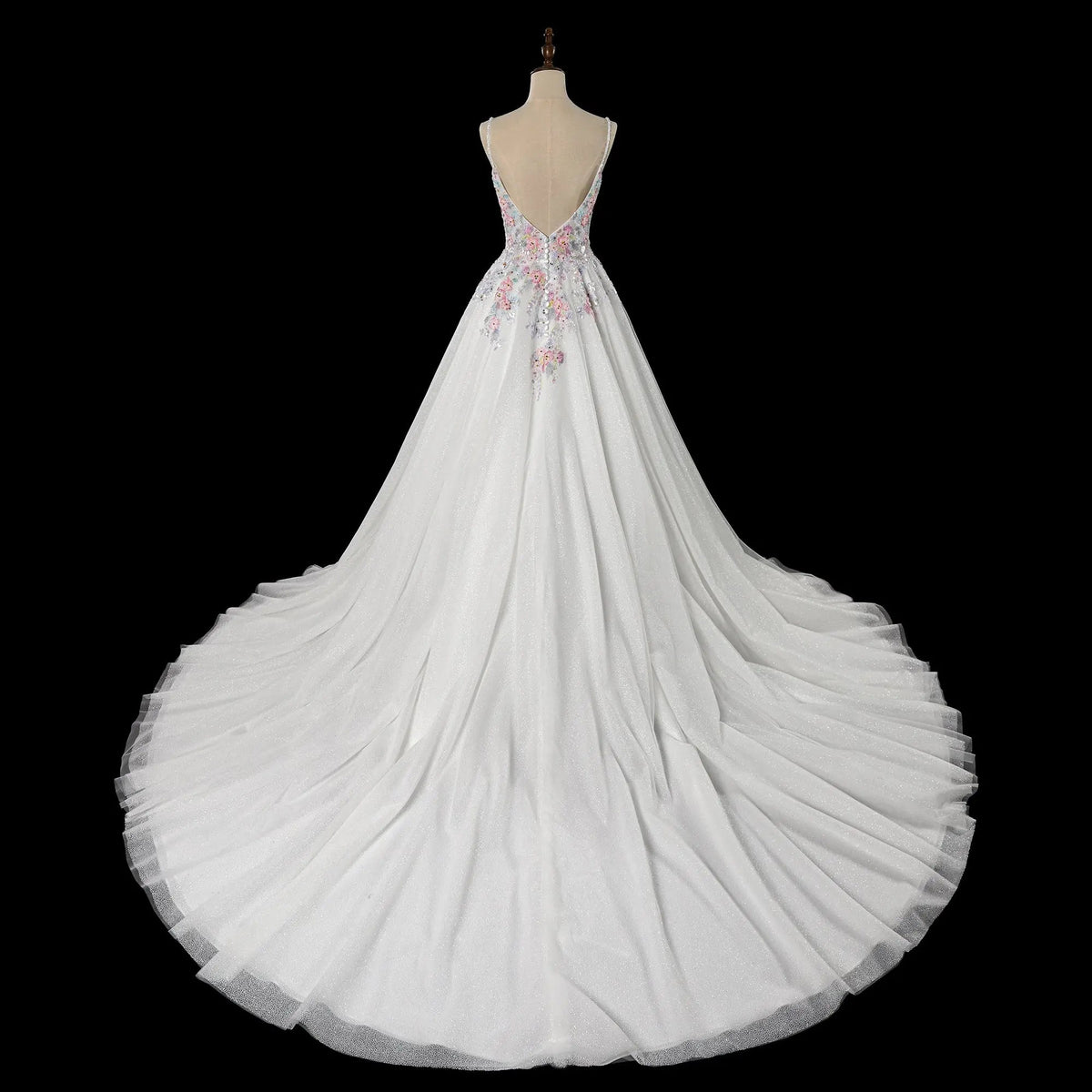 Glamorous White Floral Applique A-Line Tulle Wedding Dress with Train ZP066