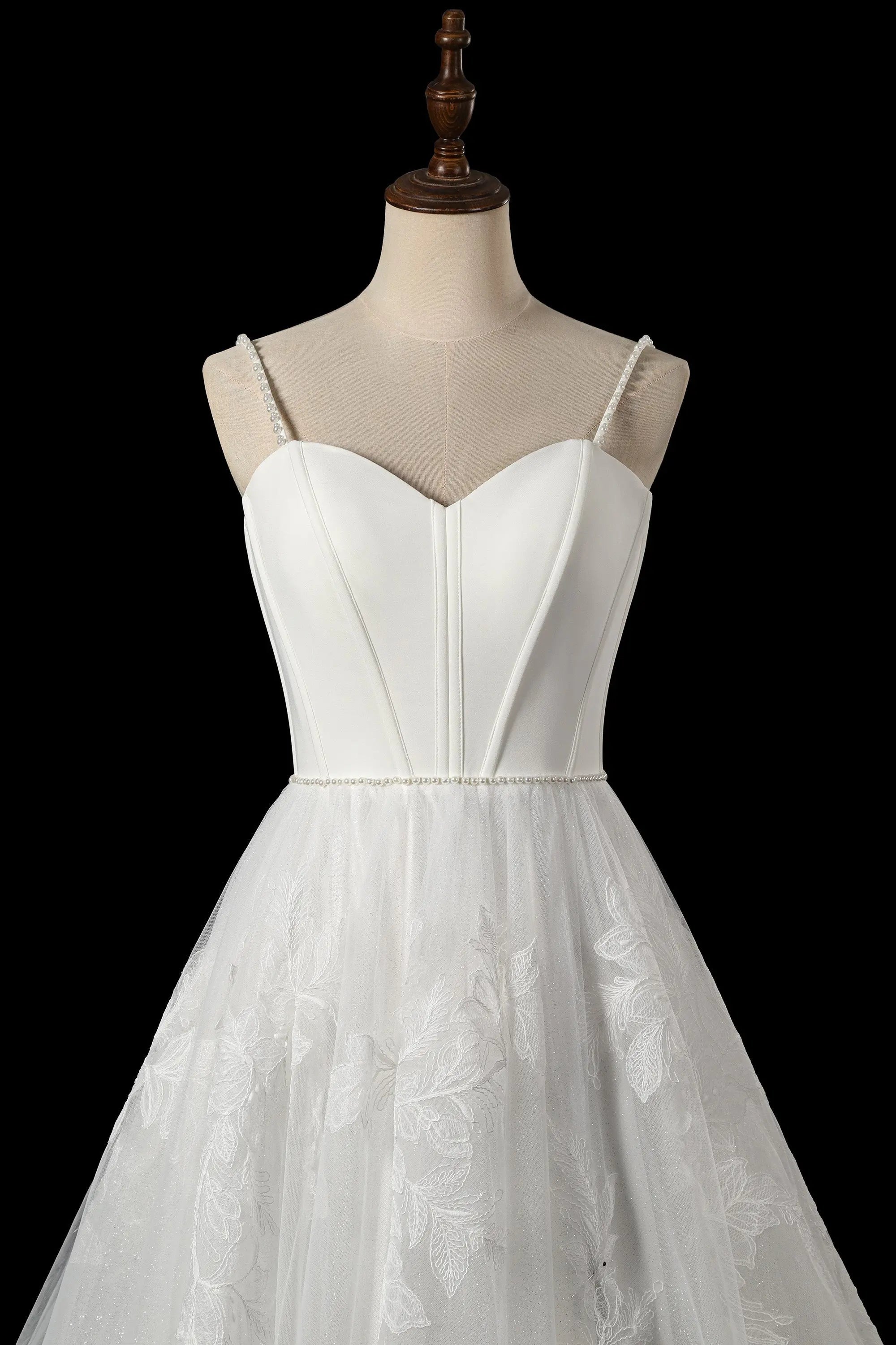 Elegant White Spaghetti Strap Satin Bodice Lace Tulle Wedding Dress with Train ZP065