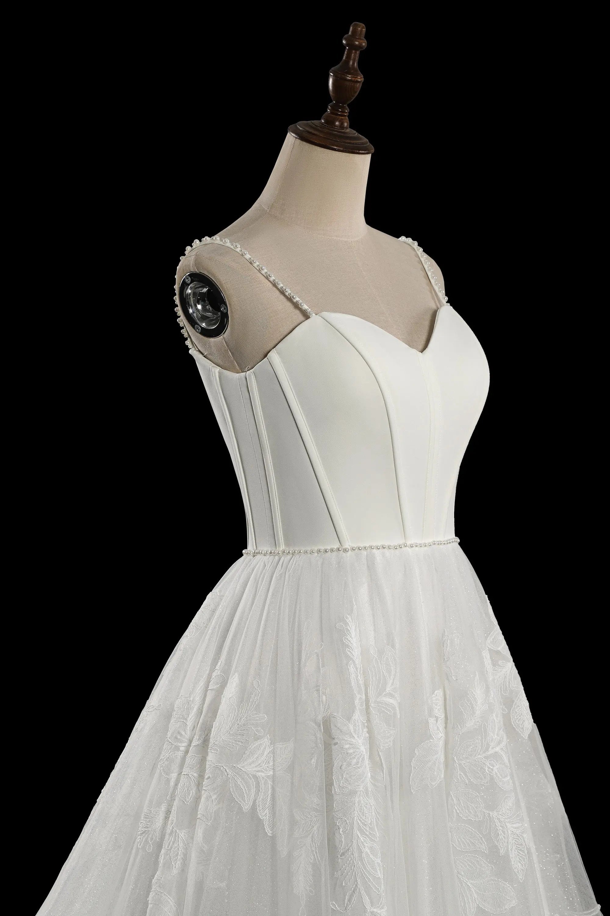 Elegant White Spaghetti Strap Satin Bodice Lace Tulle Wedding Dress with Train ZP065