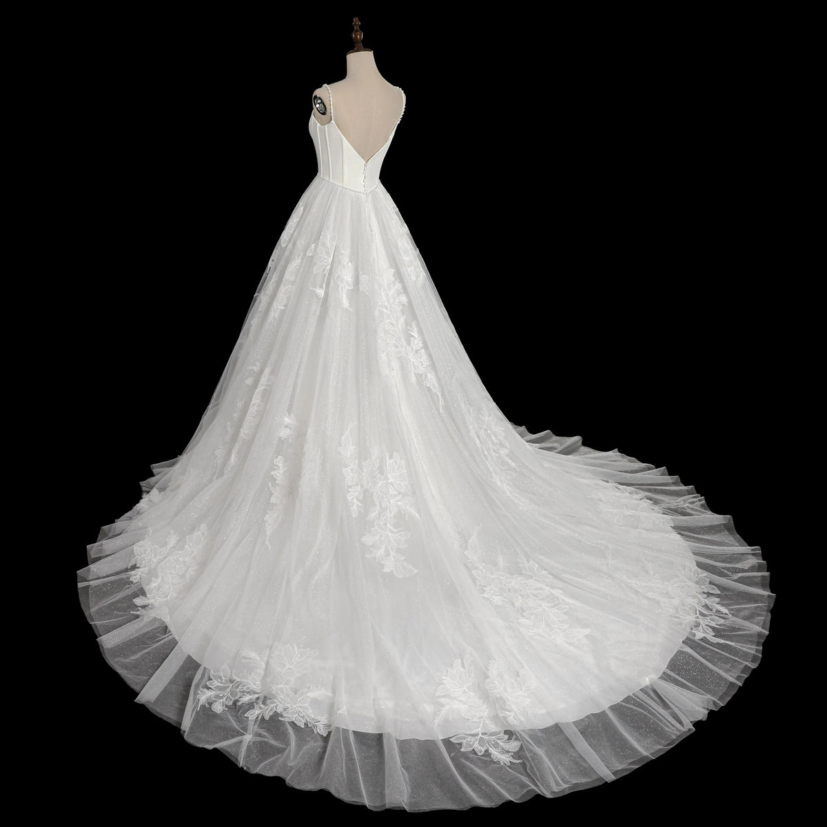 Elegant White Spaghetti Strap Satin Bodice Lace Tulle Wedding Dress with Train ZP065