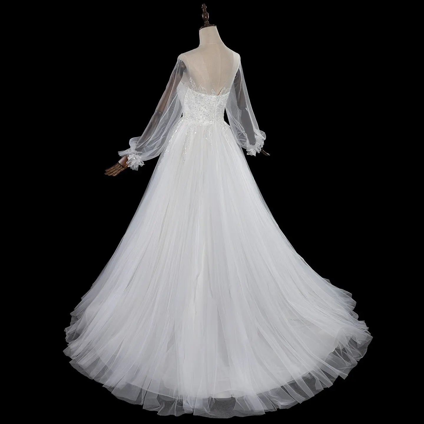 Elegant White Long Sheer Sleeve A-Line Tulle Wedding Dress with Lace Appliqués ZP057