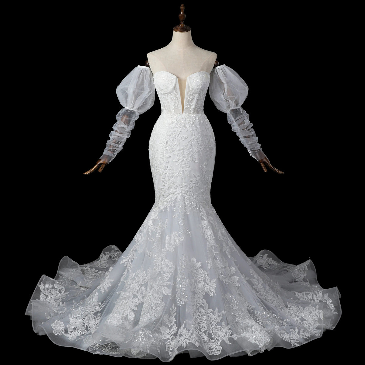 Glamorous White Sweetheart Neckline Mermaid Wedding Dress with Detachable Tulle Sleeves ZP056