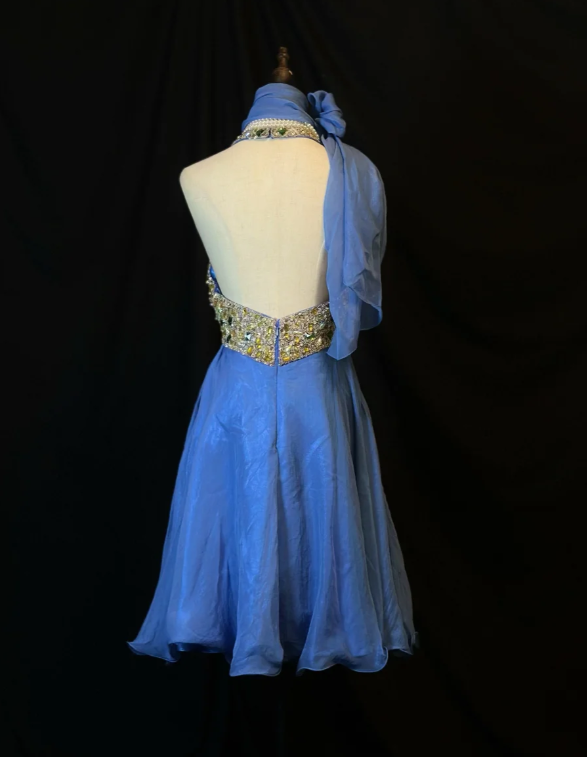 Vintage Blue Halter Beaded A Line Mini Party Dress Homecoming Dress Cocktail Dress - View 3 | VelvetHem