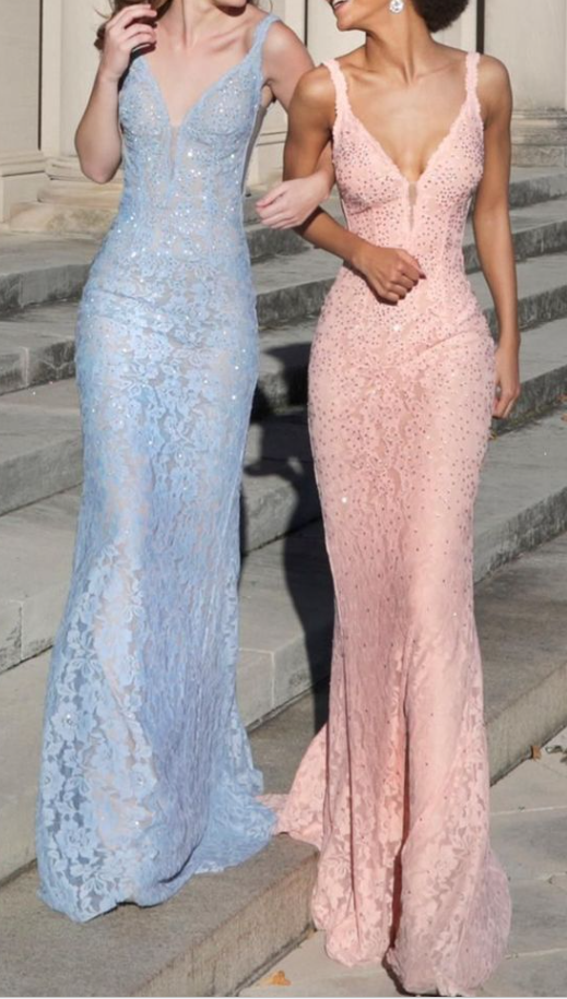 Charming V Neck Lace Beaded Evening Dress Mermaid Party Prom Gown - VelvetHem