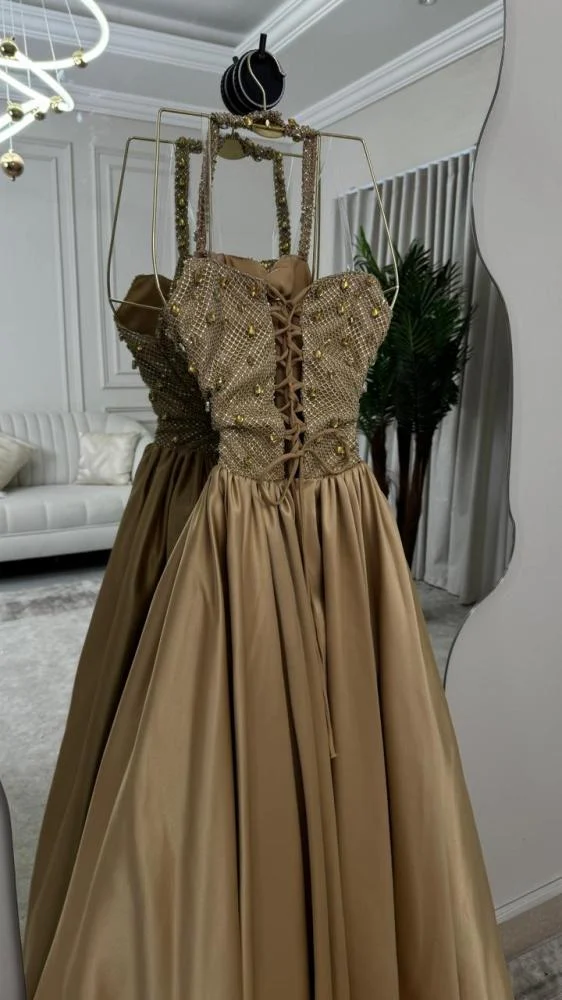 Luxurious Halter Satin Beaded Long Evening Dress Formal Birthday Party Dress - View 9 | VelvetHem
