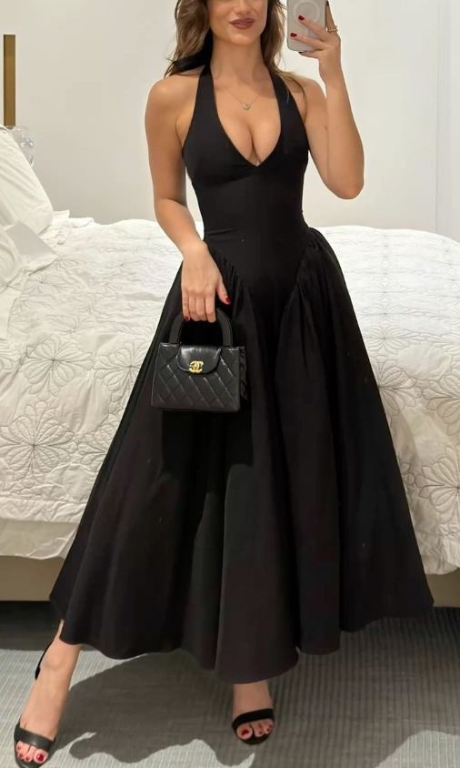 Sexy A Line V Neck Prom Dress Black Evening Dress Y7856 - VelvetHem