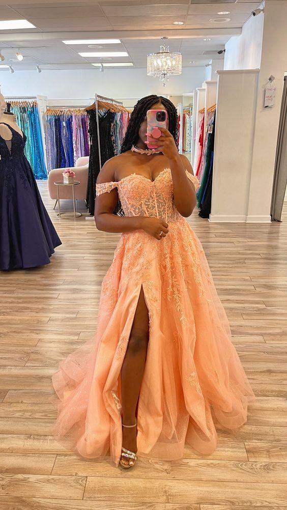 Peach Pink Glitter Tulle Appliques Evening Dress with Corset Bodice Y6173 - VelvetHem