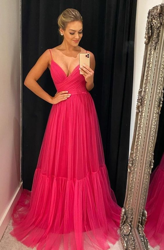 Hot Pink Tulle Prom Dresses Long Evening Gowns - VelvetHem
