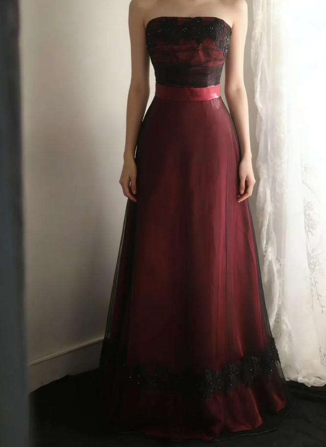 Vintage Burgundy Strapless Satin Tulle Appliques Mermaid Long Party Dress Evening Gown