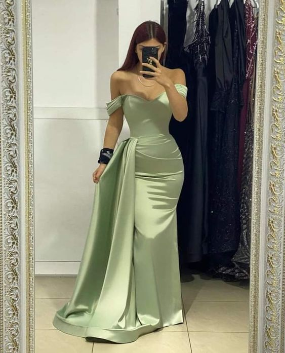Charming Off The Shoulder Sage Green Long Evening Dress Y4052 - VelvetHem