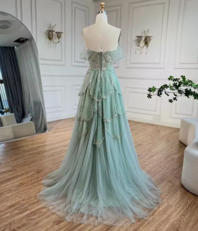 Off The Shoulder Tulle Beaded Evening Dress,Shiny Sage Green Prom Party Dress - View 5 | VelvetHem