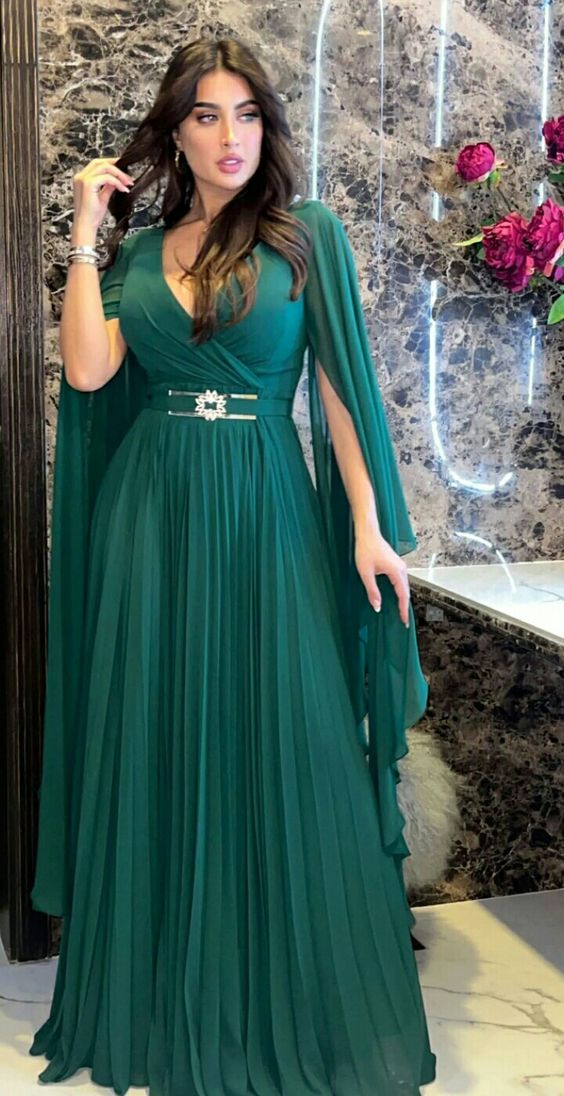 Green A-line V Neck Prom Dress Green Evening Dress Reception Dress Y6276 - VelvetHem