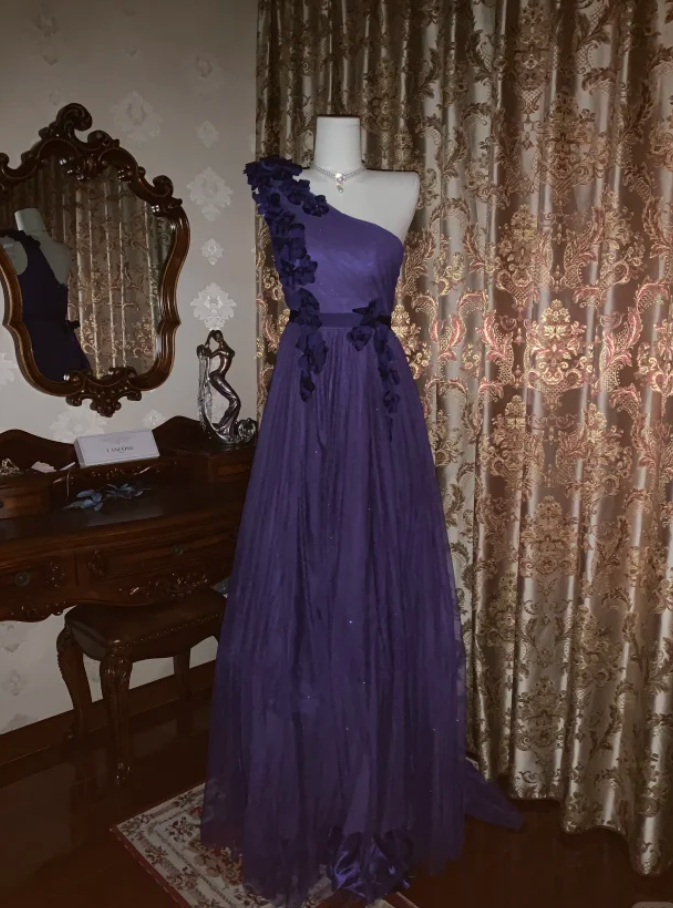 Elegant Purple One Shoulder Tulle Appliques A Line Wedding Guest Dress Long Party Dress
