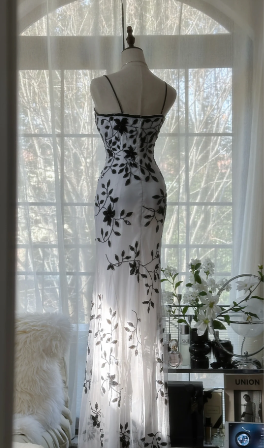 Unique Spaghetti Straps White Chiffon Black Beaded Mermaid Long Evening Dress Formal Birthday Party Dress - View 5 | VelvetHem