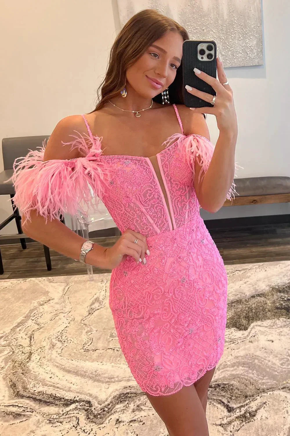 Charming Sheath Spaghetti Straps Pink Short Beaded Feather Homecoming Dresses (ZD11873) - VelvetHem