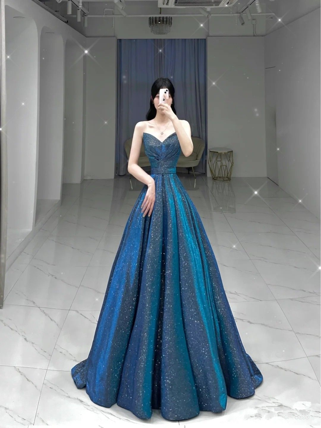 Glitter Blue A-line Evening Dress Blue Princess Dress Y4982 - VelvetHem