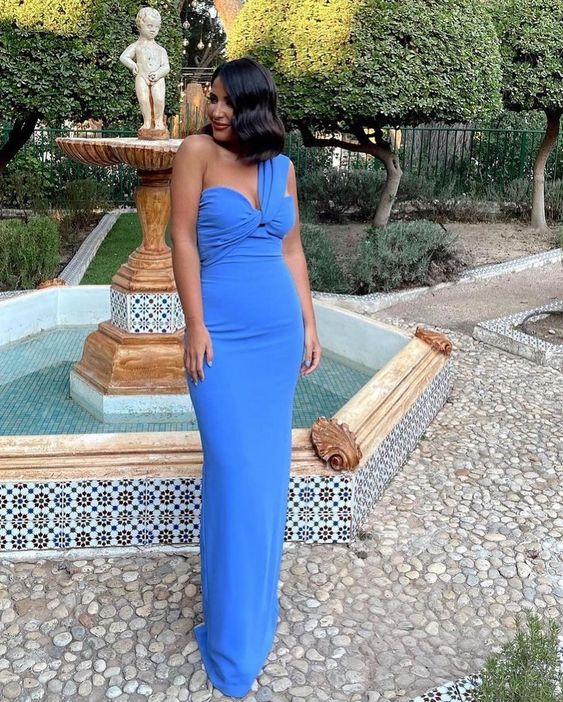 Charming One Shoulder Blue Sheath Evening Dress - VelvetHem