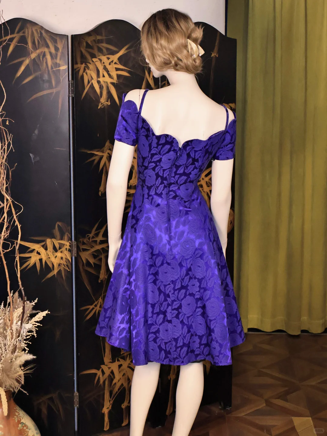 Vintage Purple Satin Floral Print A Line Homecoming Dress Off Shoulder Short Birthday Outfits - View 5 | VelvetHem
