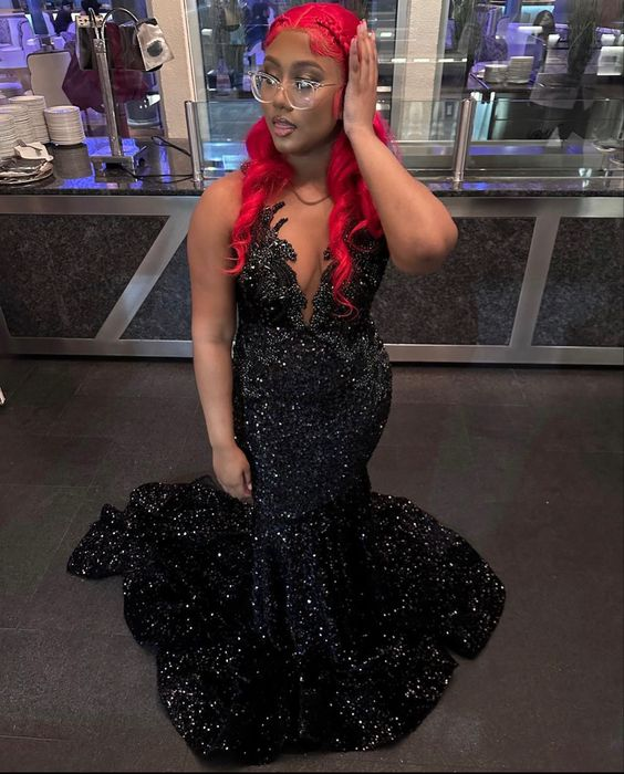 Black Sequins Mermaid Evening Dress Black Evening Gown Y6123 - VelvetHem