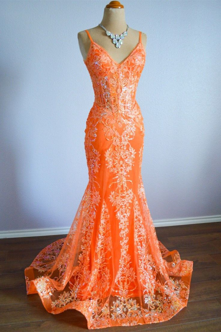 Orange Mermaid Spaghetti Straps Sequins Applique Long Prom Dress - VelvetHem