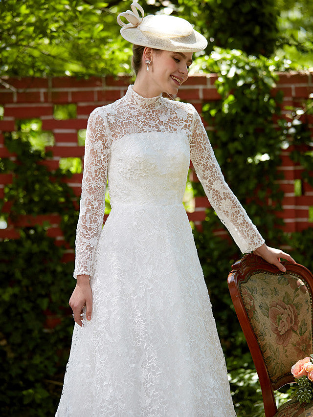 Illusion A-Line Beach Wedding Dress Floral Lace Long Sleeve Bridal Gowns Court Train