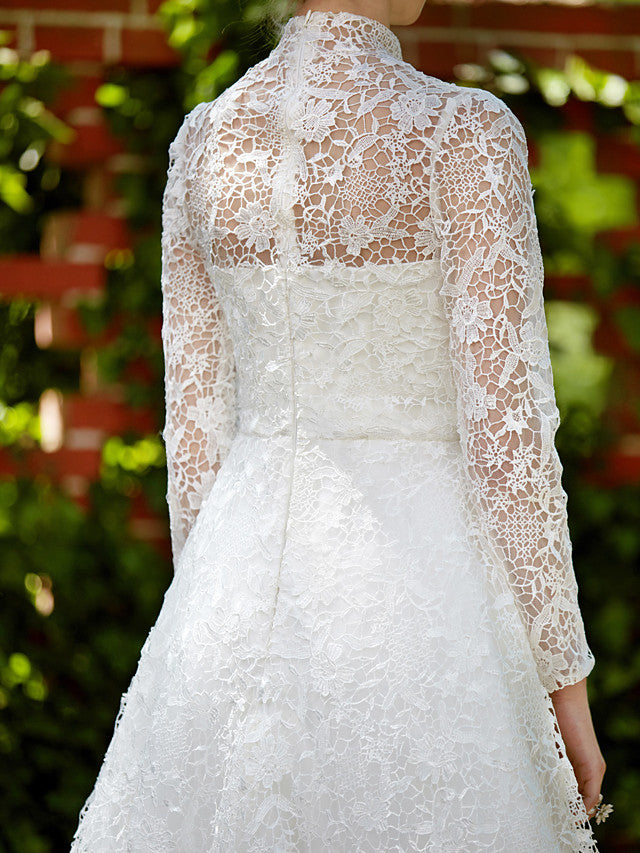 Illusion A-Line Beach Wedding Dress Floral Lace Long Sleeve Bridal Gowns Court Train