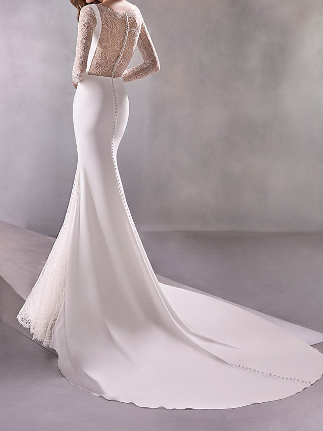 Illusion Mermaid Beach Wedding Dress Bateau Long Sleeve Formal Plus Size Bridal Gowns Sweep Train