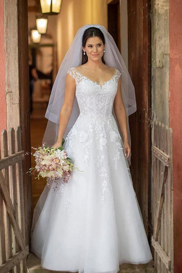 Illustion Scoop Neck White Floral Lace Wedding Dress Floor Length (ZD16193) - VelvetHem