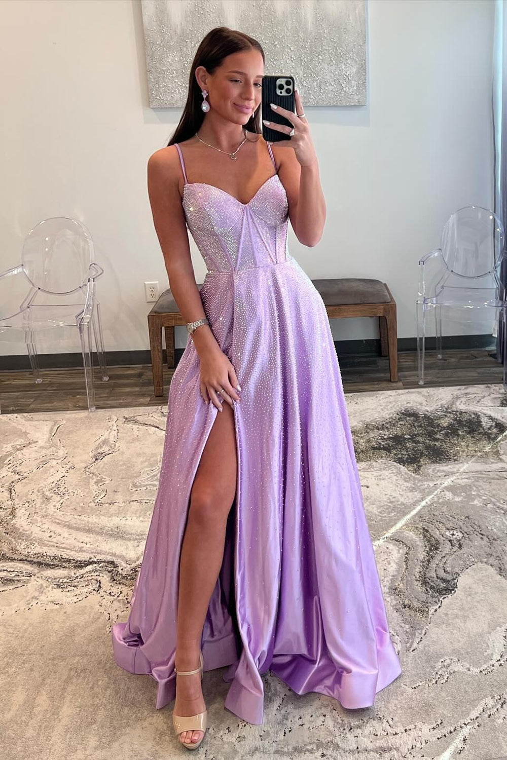 Lilac Glitter A-Line Spaghetti Straps Long Beaded Prom Dress with Slit - View 2 | VelvetHem
