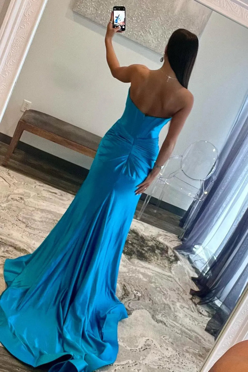 Satin Mermaid Strapless Long Prom Dress With Split - View 6 | VelvetHem